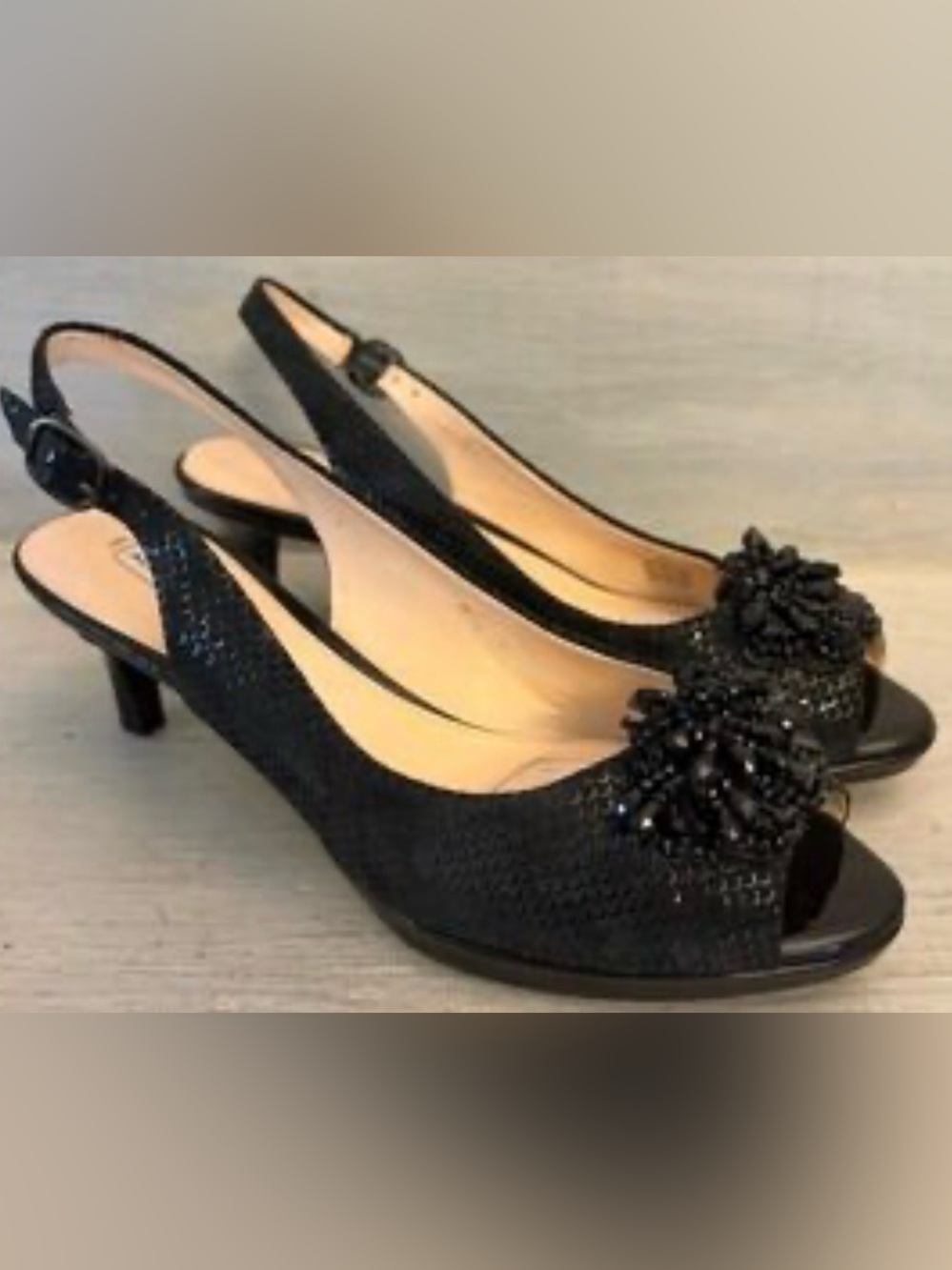 Alex Marie Black Beaded Slingback Peep-Toe Heels
